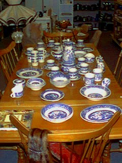 [Roth's Curiosity Corner: Blue Willow on Maple Table]